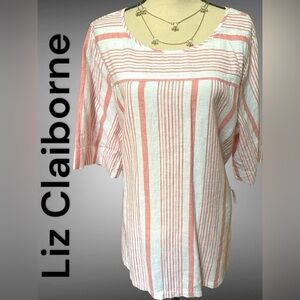 Liz Claiborne NWT Linen collection top XXL pink/off white 30” long, 24” pit2pit.